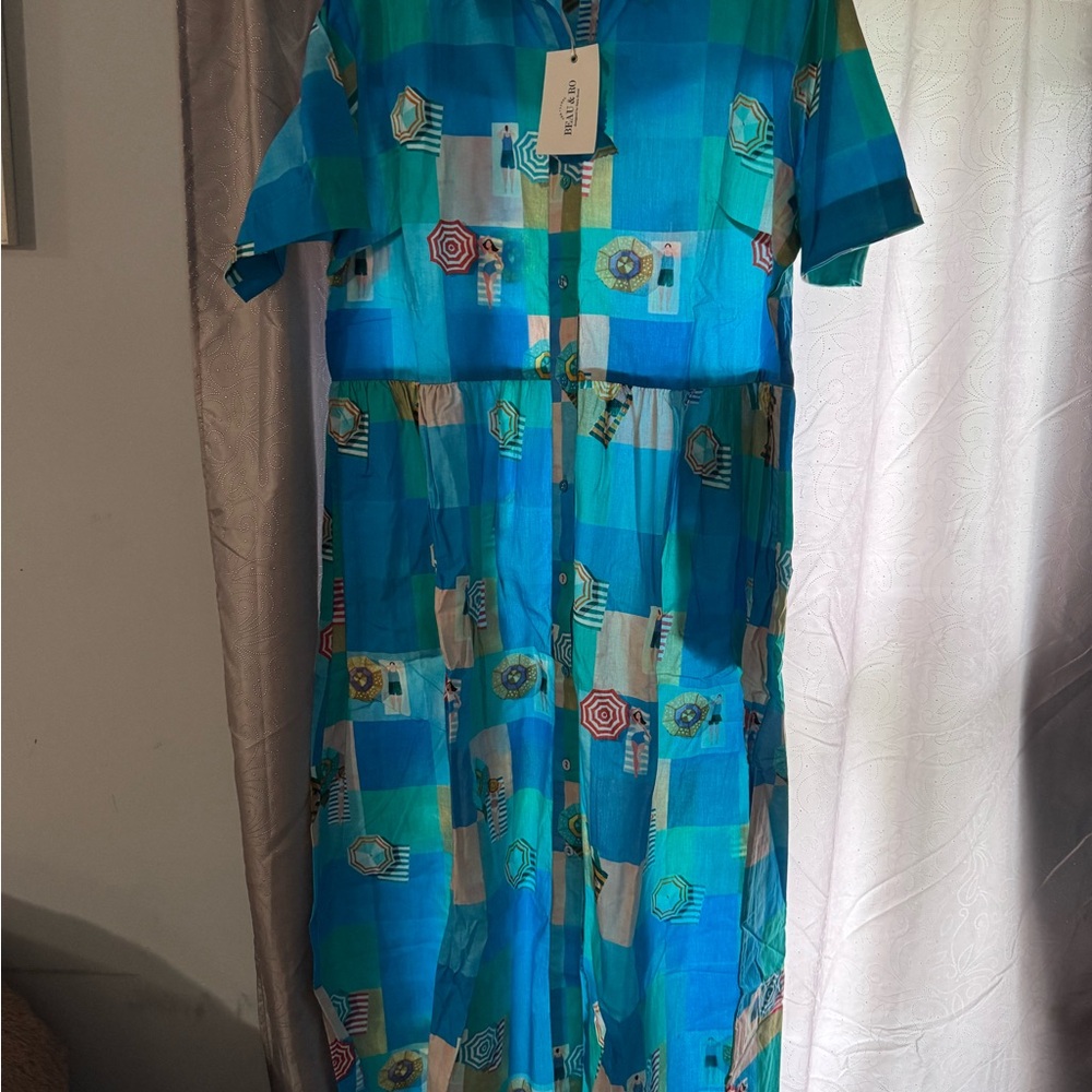 Blue & Teal Patchwork Button-Front Maxi Dress NWT - image 1